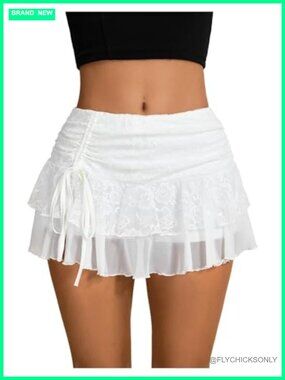 Women's High Waist Ruffle Hem Mesh Flowy Mini Skirt